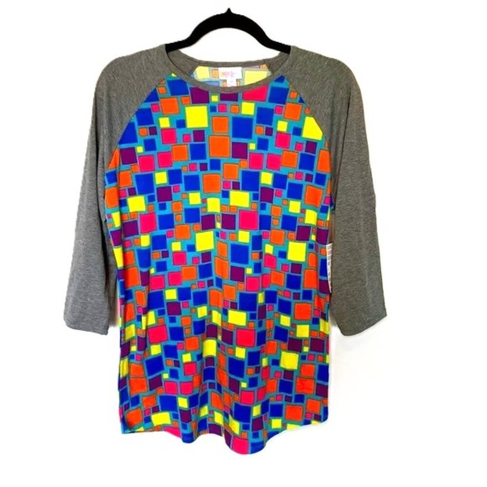 LuLaRoe Randy Baseball Shirt Medium 3/4 Sleeve Color Block Geometric Squares